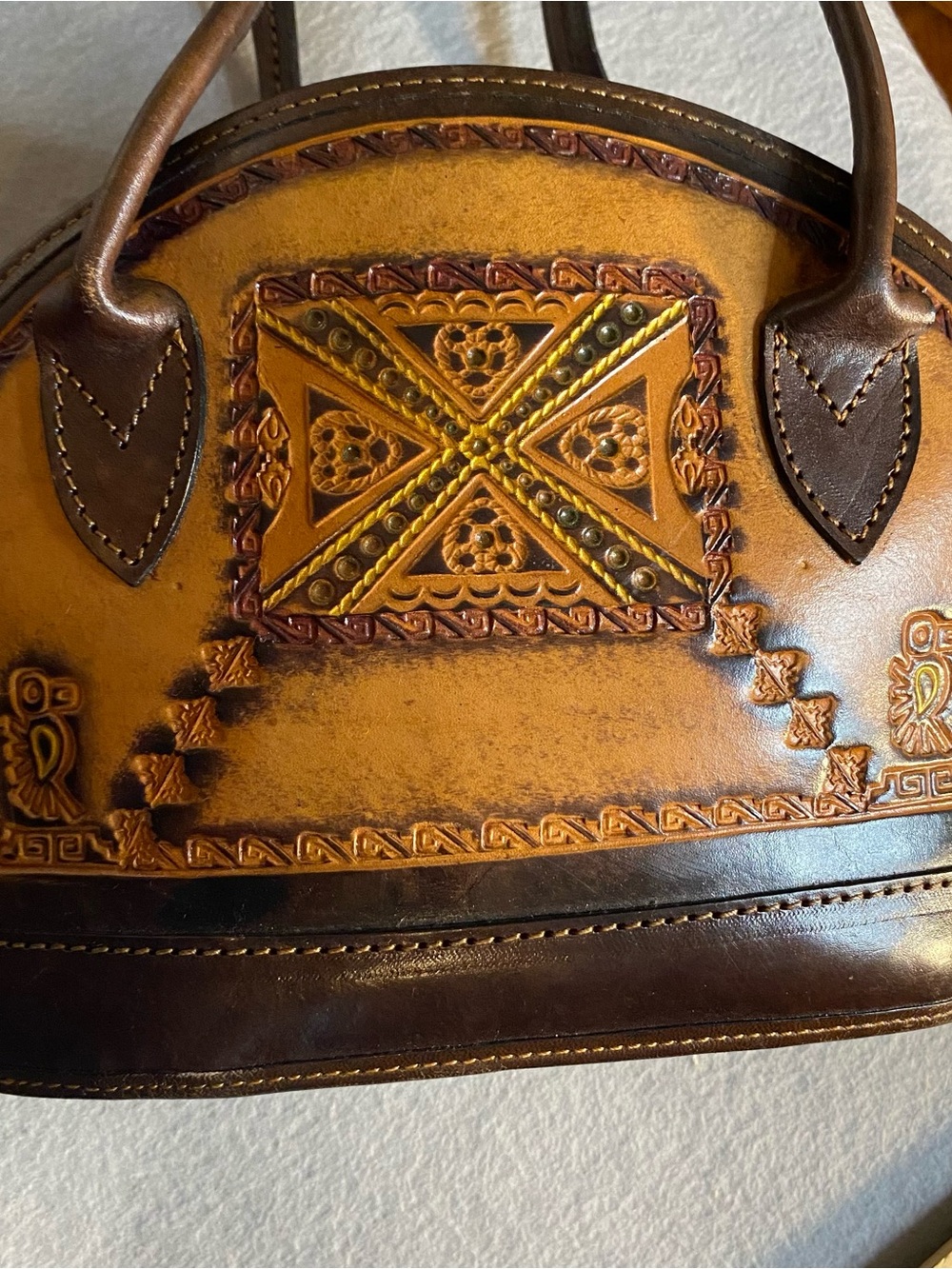 Hand-Tooled Brown Leather purse with Dark Trim